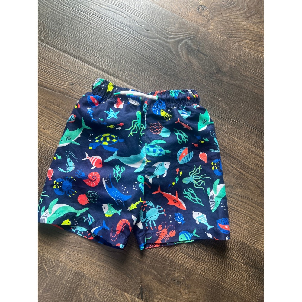 Lightning Bug Boys Navy Sea‎ Life Shark Whale Print Swim Trunks Size 4T